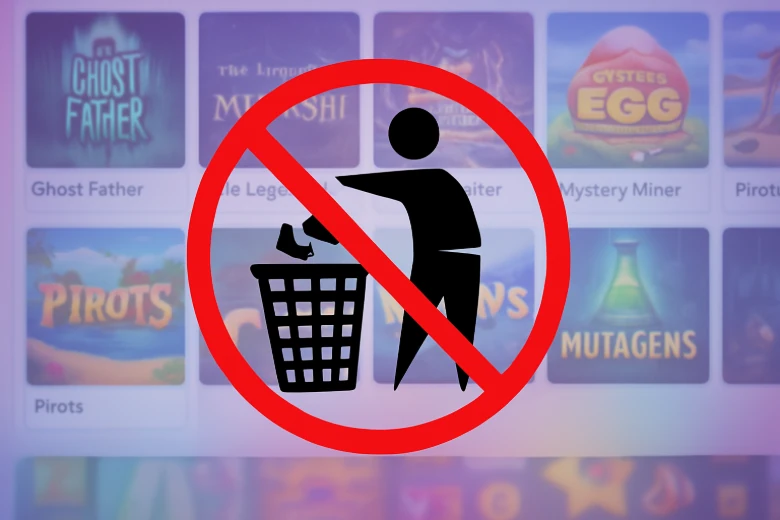 Símbolo prohibido lanzar, al fondo hay un catálogo de juegos.