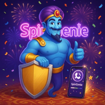 Genio con un escudo sobre un fondo de fuegos artificiales sosteniendo un pulgar hacia arriba